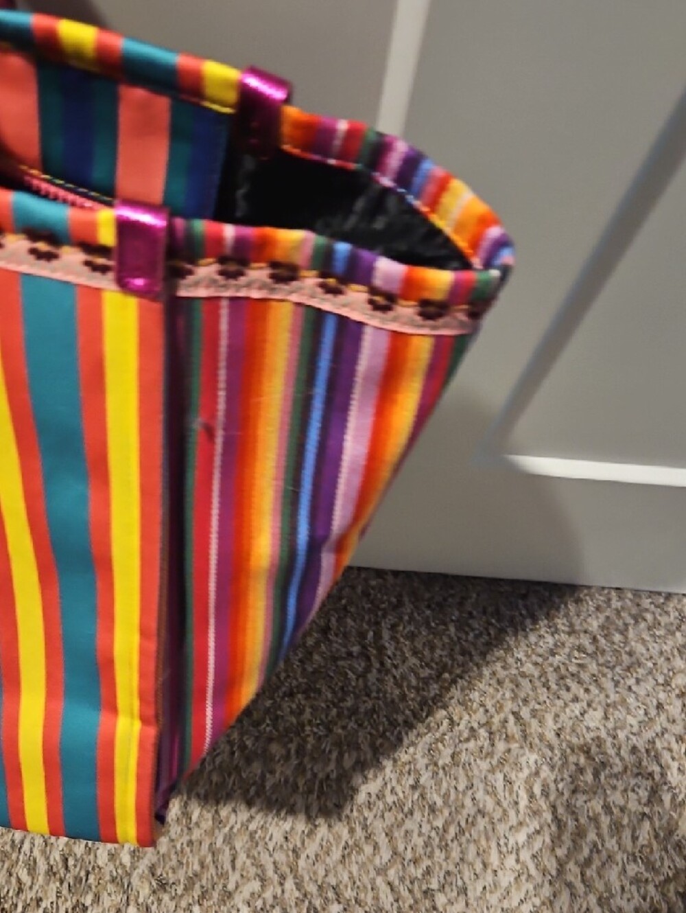 Colorful Striped Tote Bag - Multicolor Pink Trim - Picture 5 of 7